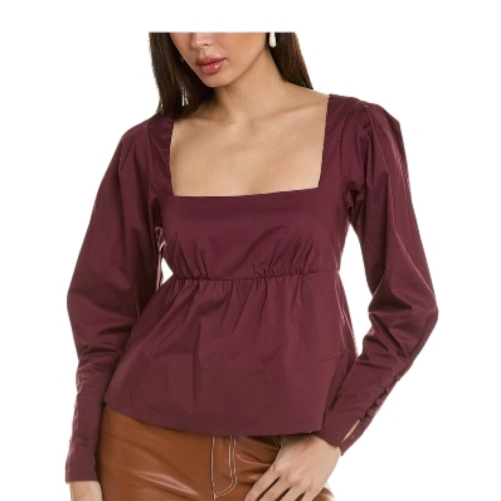 Staud Peggy Square Neck Babydoll Long‎ Sleeve Burgundy Top Size L